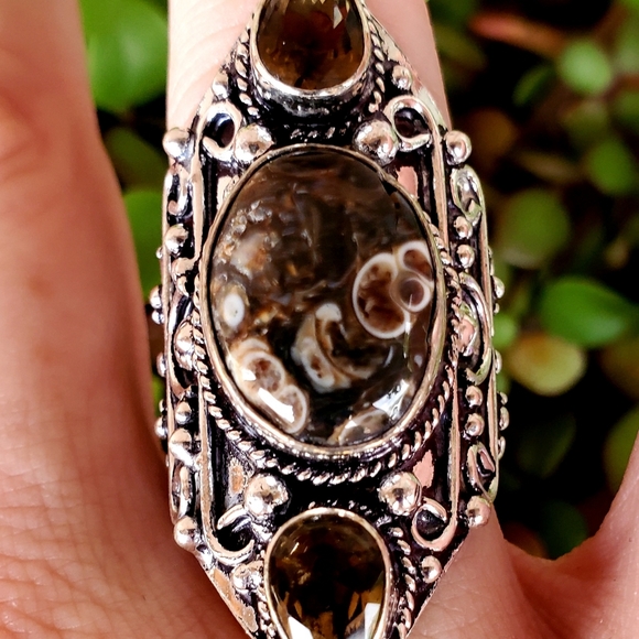 New Turtella Agate Fossil & Smoky Quartz 925 Silver Statement Ring. - Picture 11 of 13